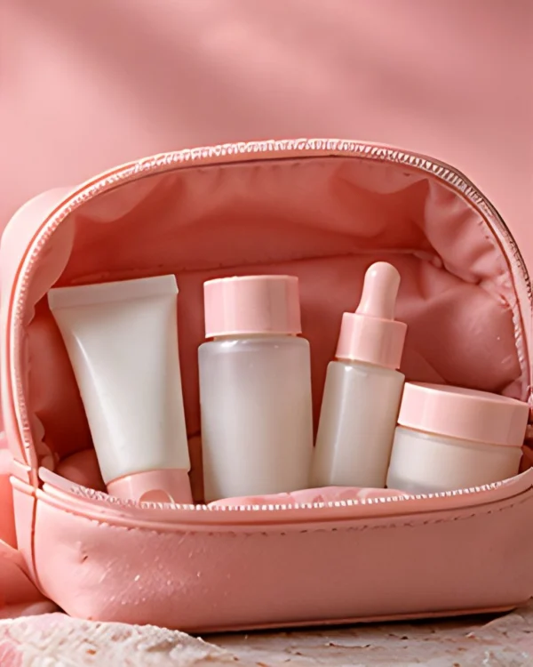 Shishir products packed in a blush-pink pouch